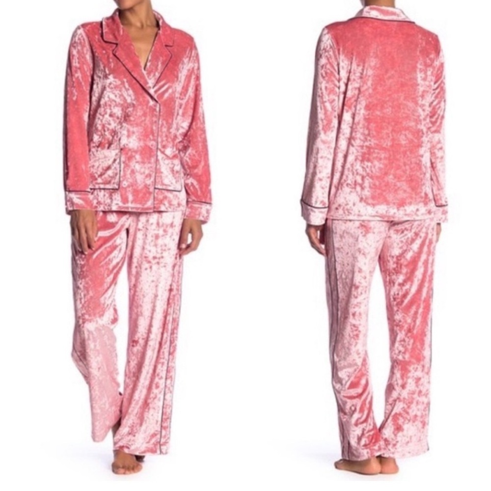 SHIMERA Tranquility Crushed Velvet Pink Pajama Set with black piping/pockets XS